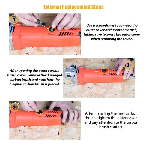 Step-by-step guide showing installation of 30 Pcs Electric Motor Carbon Brushes Set With 10 Assorted Sizes Replacement Kit on an orange power tool.