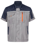 Mens Short Sleeve Mechanic Work Shirt With Reflective Safety Stripes And Zipper Front, navy gray, multi-pocket design.