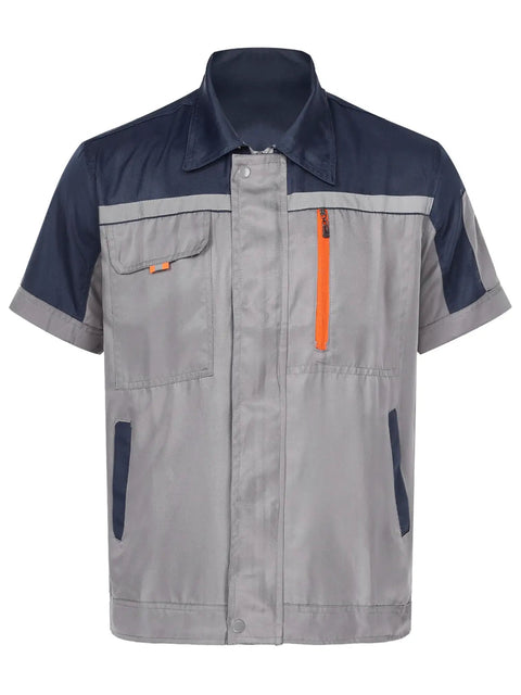 Mens Short Sleeve Mechanic Work Shirt With Reflective Safety Stripes And Zipper Front, navy gray, multi-pocket design.