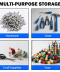 Collage of four categories: hardware with bolts, tools, craft supplies with scissors and glue, and toys with building blocks.