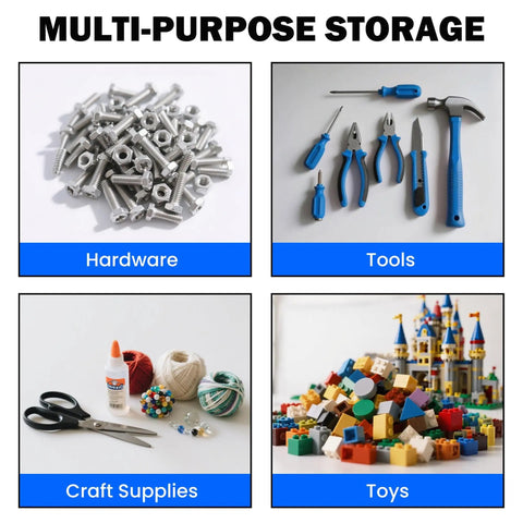 Collage of four categories: hardware with bolts, tools, craft supplies with scissors and glue, and toys with building blocks.