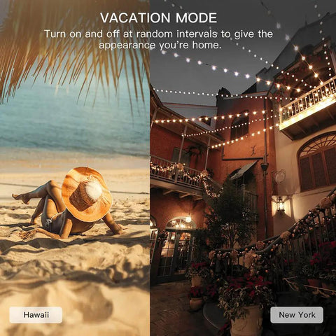 Image showing vacation mode with beach scene on the left and outdoor string lights on the right, representing smart dimmer plug use.