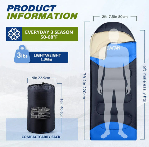 Go-To Lightweight 3-Season Sleeping Bag For Adults With Waterproof Shell Packable Backpacking Gear With Compression Sack