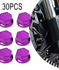 Purple 30 Piece Motorcycle Bolt Cap Covers Assortment Kit With Hex Head Dome Caps For Engine Frame And Fairing Protection Fits Kawasaki Honda Suzuki Dirt Bikes Chrome Plated Plastic Finish, 30pcs purple hex bolt caps on motorcycle brake area