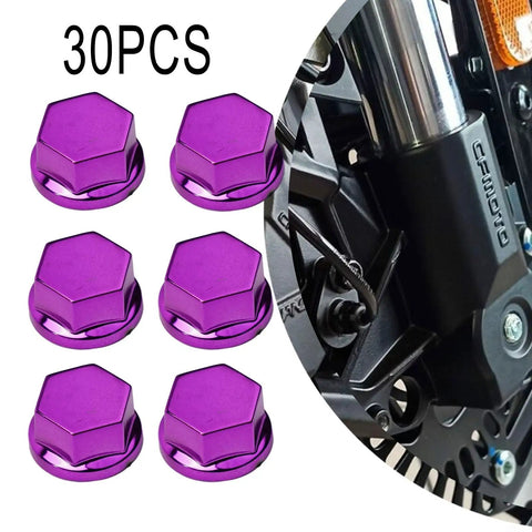 Purple 30 Piece Motorcycle Bolt Cap Covers Assortment Kit With Hex Head Dome Caps For Engine Frame And Fairing Protection Fits Kawasaki Honda Suzuki Dirt Bikes Chrome Plated Plastic Finish, 30pcs purple hex bolt caps on motorcycle brake area