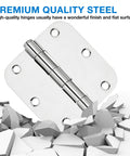 12 Pack 3.5 Inch Door Hinges With Rounded Ends And Polished Chrome Finish Includes 72 Long Mounting Screws For A Smooth As Butter 270 Degree Swing And No Sweat Quick Setup For Interior Doors on a cracked surface.