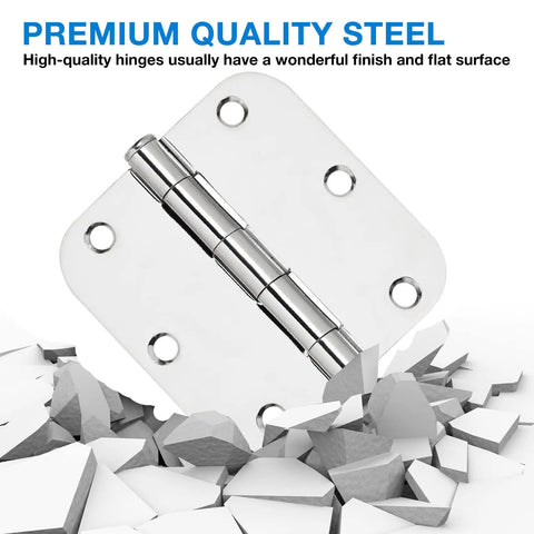 12 Pack 3.5 Inch Door Hinges With Rounded Ends And Polished Chrome Finish Includes 72 Long Mounting Screws For A Smooth As Butter 270 Degree Swing And No Sweat Quick Setup For Interior Doors on a cracked surface.