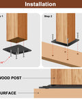 Installation steps of 8 Pack 4x4 Wood Post Plate Connector With Powder Coated Decking Post Base and Anchor Base shown with wood post on surface.