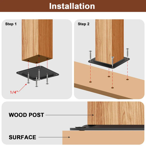 Installation steps of 8 Pack 4x4 Wood Post Plate Connector With Powder Coated Decking Post Base and Anchor Base shown with wood post on surface.