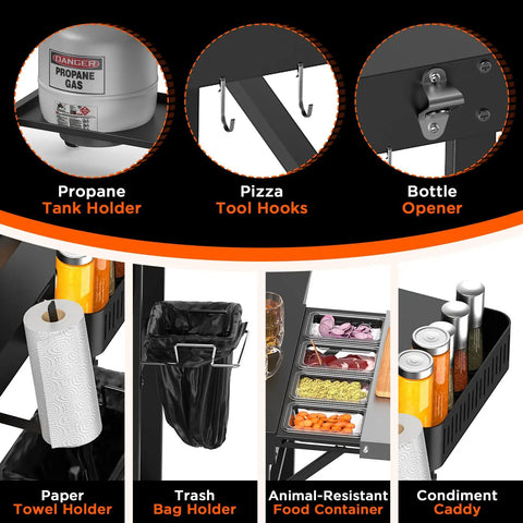 Pizza Prep Table With Topping Station Outdoor Grill Cart 45 Inch Heavy Duty Backyard Kitchen Station features outlined