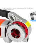 Close-up of Badass 2300w Handheld Pipe Threading Machine with metal threading die for creating 1/2 to 2 inch rigid conduit threads.