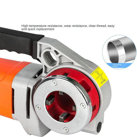 Close-up of Badass 2300w Handheld Pipe Threading Machine with metal threading die for creating 1/2 to 2 inch rigid conduit threads.