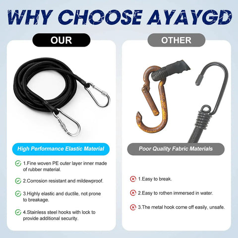 Comparison of Heavy Duty 118 Inch Lily Pad Bungee Cord With Floating Locking Carabiners and rusted hooks.