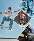 Collage showing skateboarding, inline skating, machinery and rotor part, highlighting diverse applications of engineering technology.