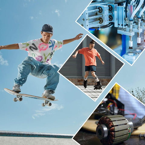 Collage showing skateboarding, inline skating, machinery and rotor part, highlighting diverse applications of engineering technology.