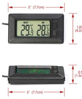 Smart digital car thermometer with dual temperature display; front and side views, black housing, 3 in long with probe cable.