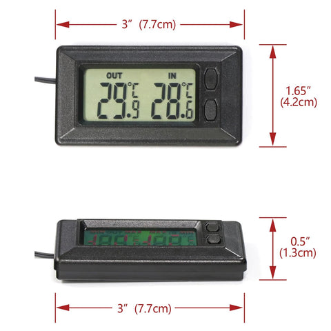Smart digital car thermometer with dual temperature display; front and side views, black housing, 3 in long with probe cable.