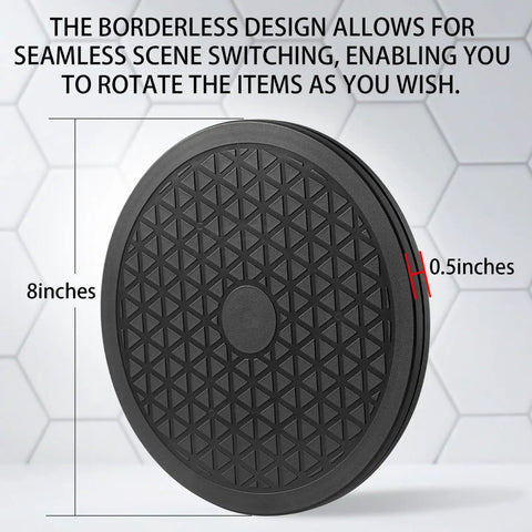 Heavy Duty 8 Inch Lazy Susan Turntable With Rock Solid Build And Smooth 360 Degree Silent Swivel Base Straight Up Hassle Free Setup For Pantry Organization Monitor Display And Tv Stand Black top view showing dimensions 8 inches and 0.5 inches