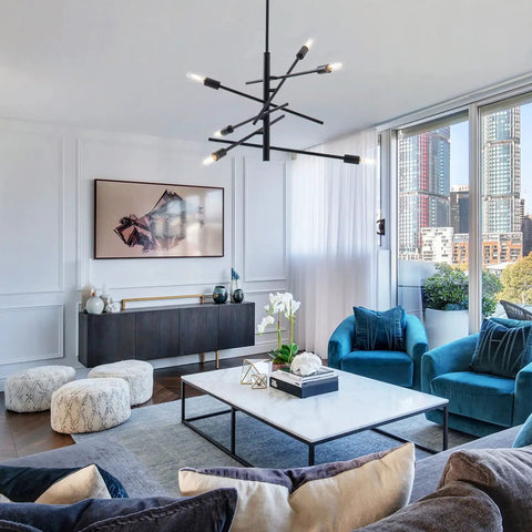 Black Modern Sputnik Chandelier With Adjustable Arms 6 Light Dope Mid Century Ceiling Pendant For Dining Room Kitchen Island Bedroom Or Foyer Easy Install