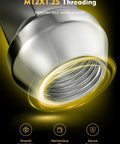Close-up of M12x1.25 Beefy Chrome Lug Nuts threading with emphasis on secure fastening features, aftermarket wheel hardware.