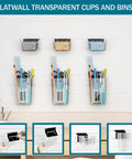 12 Pack Slatwall Storage Organizer Set With 6 Slatwall Boxes And 6 Cups, Transparent Containers With Metal Hooks displayed on wall