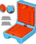 Hella Tough Fiber Optic Buffer Tube Stripper For Mid Span Cable Cutting And No Sweat Optical Wire Stripping Tool With Adjustable Diameter Grooves And Sharpened Steel Blade in blue and orange, with blade compartments.