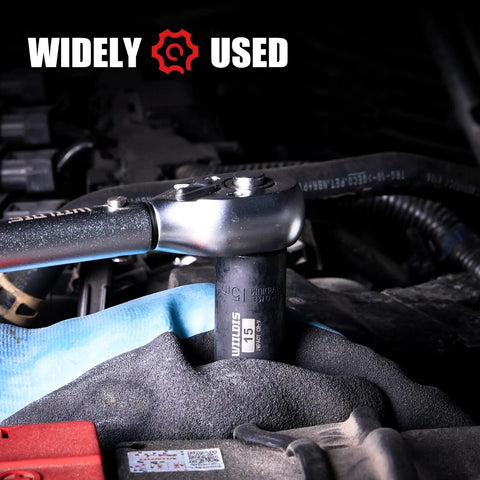 Seventy Piece Three Eighth Inch Drive Heavy Duty Impact Socket Set With Deep Sockets In SAE Five Sixteenths To Three Quarters And Metric Eight To Twenty Two Millimeter Includes Adapters Ratchet Handle Screwdriver Bit Set And Sliding T Bar Six Point in use on automotive engine.