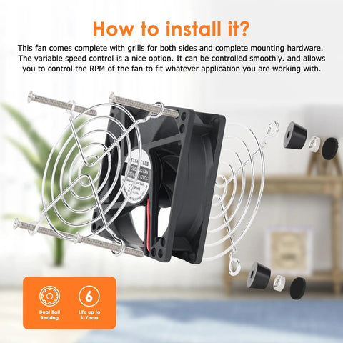 Keep Your Rig Chill With This 80Mm Adjustable Computer Cooling Fan Featuring Multi Voltage Ac Plug And Quick Twist Control Knob For Gaming PCs Modems Cabinets Terrariums And Greenhouses installation image showcasing fan, grill, and hardware.