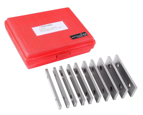 Garage Ready Premium Workshop Grade Precision Machinist Parallels Eighth Inch Thick Five Inch Long Ten Matched Pair Drill Press Layout Blocks Hardened Tool Set with red case and steel parallels.