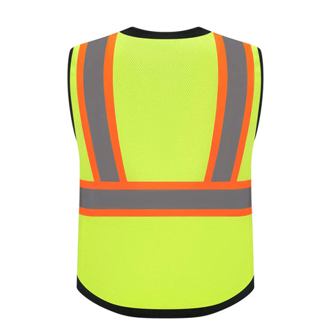 Back view of Heavy Duty Class 2 High Visibility Reflective Safety Vest With Zip Front And Five Pockets Ansi Certified Workgear