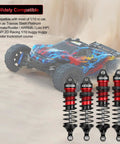 4Pcs Front And Rear RC Car Shocks Damper Assembly Set For 1 By 10 Scale RC Trucks 2WD And 4X4 Fits Slash Rustler Stampede Hoss VXL Black Red Replacement Parts Built To Last shown with RC car in background