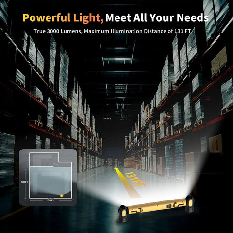 Under Hood Work Light Bar With 3000LM LED Cordless 5200mAh Magnetic Hood Light illuminating a large warehouse.