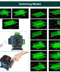 All In One 360 Degree Self Leveling Laser Level Kit With Receiver Tripod And Grade Rod Touch Screen Remote Control 16 Lines 2 Batteries Pro Grade For Construction And Home Renovation showing switching modes