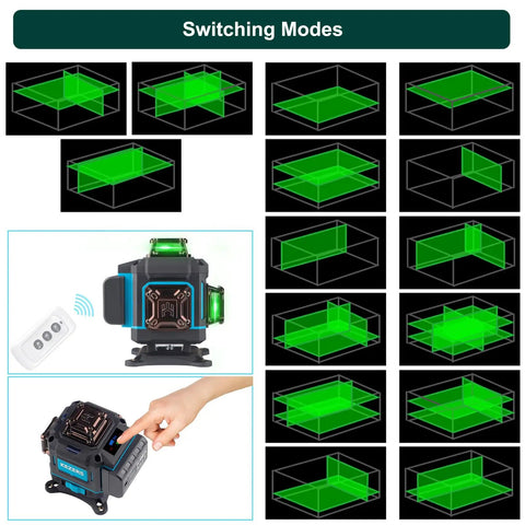 All In One 360 Degree Self Leveling Laser Level Kit With Receiver Tripod And Grade Rod Touch Screen Remote Control 16 Lines 2 Batteries Pro Grade For Construction And Home Renovation showing switching modes