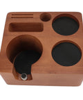 Solid Built 58mm Wooden Coffee Tamper Station With Adjustable Portafilter Holder And Catch Pan, top view showing compartments.