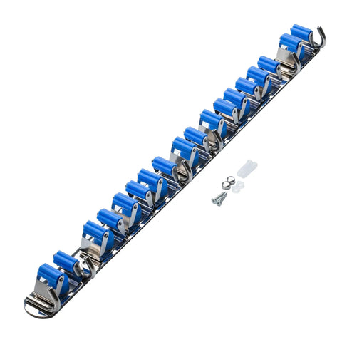 9 Slot Wall Mounted Garden Tool Rack With 6 Hooks In Blue Steel, showing blue grip holders and hooks for shed or garage organization