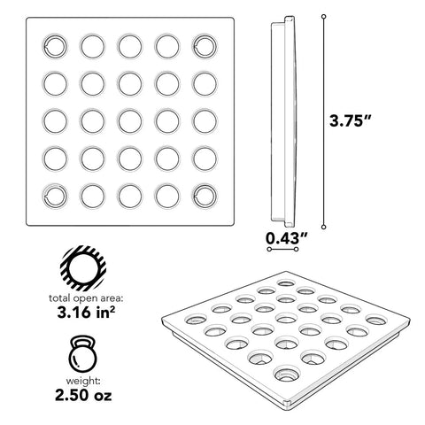 Diagram of Matte Black Square Drain Cover With Pro Drain Cover Remover Included Three Point Seven Five Inch Screwless Design