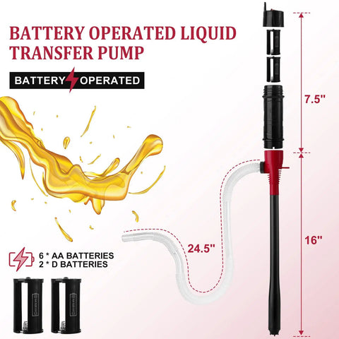 Skip The Grunt Work With This Smooth Battery Operated Electric Liquid Transfer Pump That Moves Gas Coolant And Solvents Like A Dream For Easy Outdoor Or Shop Fluid Handling Today, with specifications showing dimensions and battery requirements.