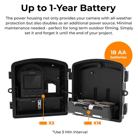 Hella Rugged Construction Time Lapse Camera Bundle With 1080p Waterproof Housing showing internal battery setup with 18 AA batteries.