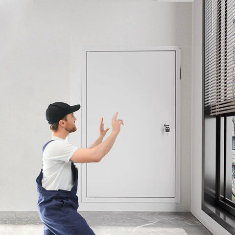 Rock Solid Fire Rated Access Panel Recessed Wall Inspection Door Heavy Duty Aluminum Honeycomb Lockable, installed in a modern interior.