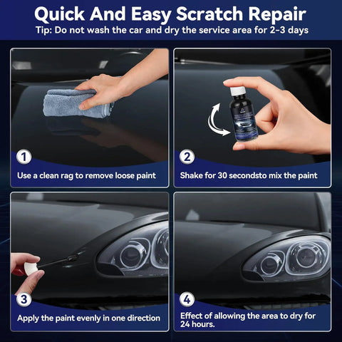 Four-step guide using Auto Paint Touch Up Pen For Scratches And Chips, Fresh Gloss Black Finish, 30ML Quick Dry Automotive Scratch Repair.