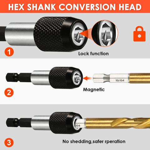 Hex shank conversion head details from Stripped Screw And Bolt Extractor Set With Left Hand Drill Bits, 11-piece kit.