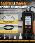 Pro Grade Dual Port Digital HVAC Manometer with adapters and hoses for gas pressure testing, shown with display and accessories