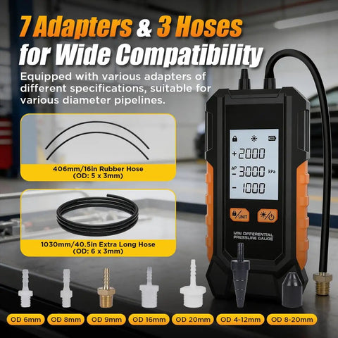 Pro Grade Dual Port Digital HVAC Manometer with adapters and hoses for gas pressure testing, shown with display and accessories