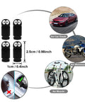 Image showing usage of soot sprite valve caps for car, motorcycle, and bicycle with size dimensions, 2.5cm x 1cm.