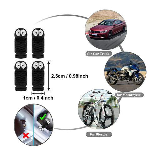 Image showing usage of soot sprite valve caps for car, motorcycle, and bicycle with size dimensions, 2.5cm x 1cm.