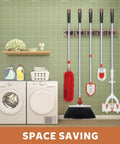 Rustic Wood Broom Holder Wall Mount With 5 Racks And 4 Hooks in laundry room holding mops and brooms.