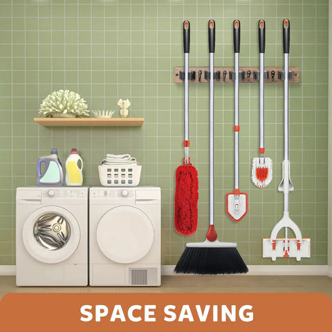 Rustic Wood Broom Holder Wall Mount With 5 Racks And 4 Hooks in laundry room holding mops and brooms.