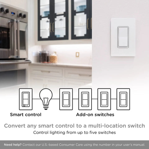 Dope Add On Switch QuickFit And SimpleWire For In Wall Rocker Paddle Controls Z Wave And ZigBee Wireless Smart Lighting Not A Standalone Switch Model 46199 White And Light Almond in a kitchen installation with diagram showing multi-location control setup and five switches.