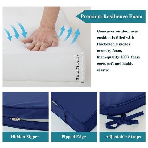 Close-up of navy patio must have chaise lounge cushion for outdoor furniture, weatherproof, waterproof, fade, and tear resistant, with hidden zipper, pipped edge, and adjustable straps.